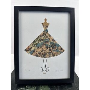 Vtg Folded Paris Map Dress Framed Fashion Art Print Signed Mary Lynn Blasutta